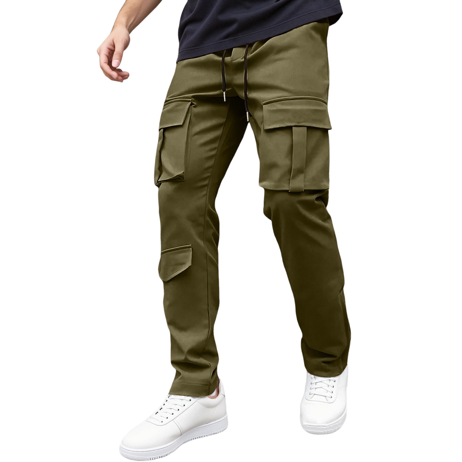 thumbnail image 1 of Pantalones cargo de color liso con cordón ajustable para hombre: pierna recta, poliéster-spandex, cintura elástica, bolsillos, corte ajustado para el trabajo y el uso informal, tallas S-XXL, 1 of 5